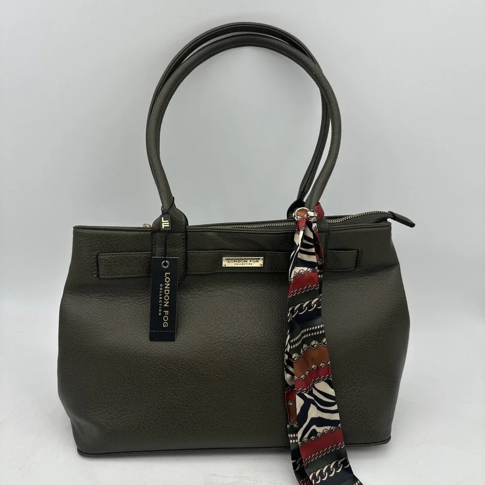 London Fog Collection Lorianna Satchel Olive/green Leather Pocket NWT